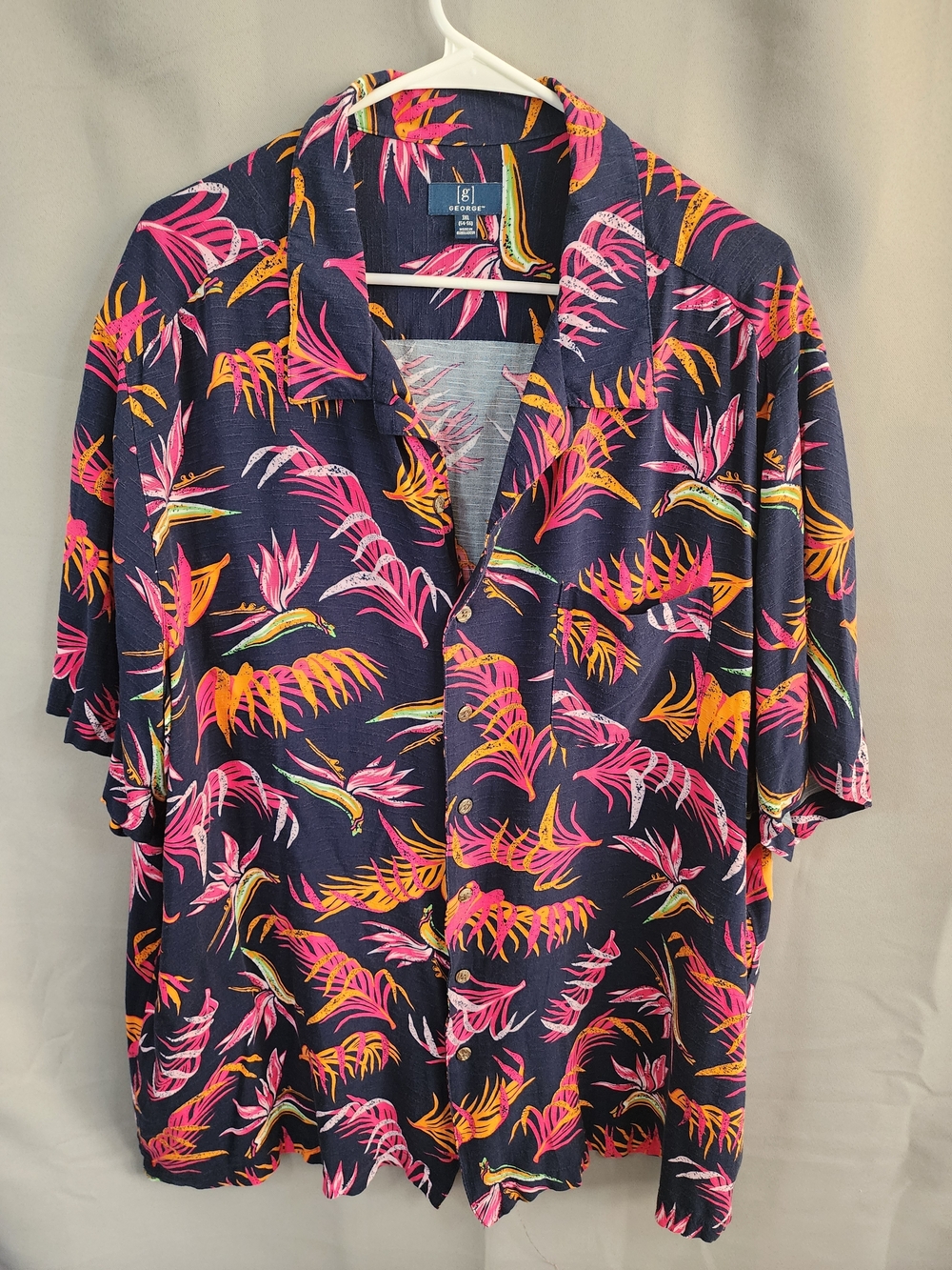George Navy Tropical Print Shirt with Pink, Orange & Green Accents Hawaiian Camp